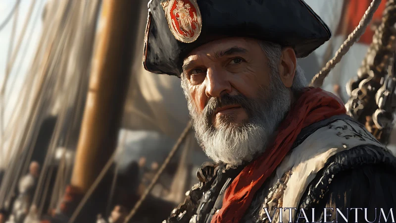 Bearded pirate captain stands on deck in warm side light