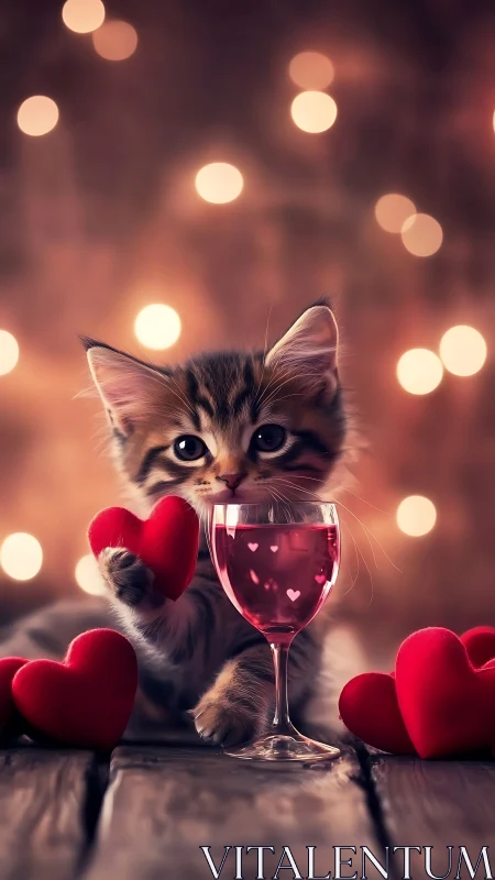Tabby Kitten with Red Heart and Wine Glass Bokeh Portrait