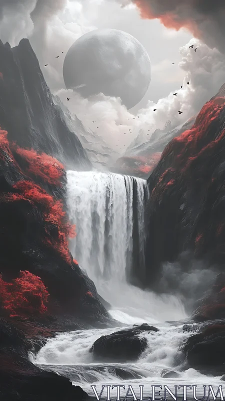 Dramatic alien waterfall beneath looming gray planet.