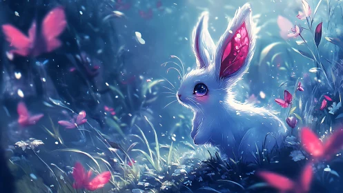 Bioluminescent meadow leporid observing luminous butterflies.