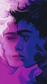 Twin neon souls in violet collision of quiet longing.