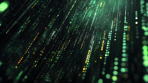 Futuristic digital data stream with glowing green matrix lines.