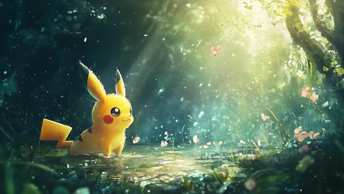 Pikachu observing butterflies in a softly lit forest pool.