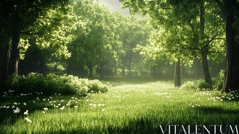 Sunlit Forest Clearing with White Wildflowers.