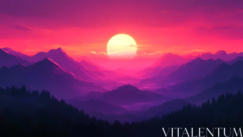 Neon dusk melts over layered mountains in soft violet haze