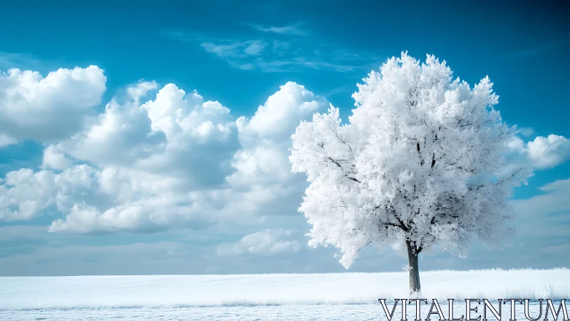 Solitary frost covered tree rising from bright winter field