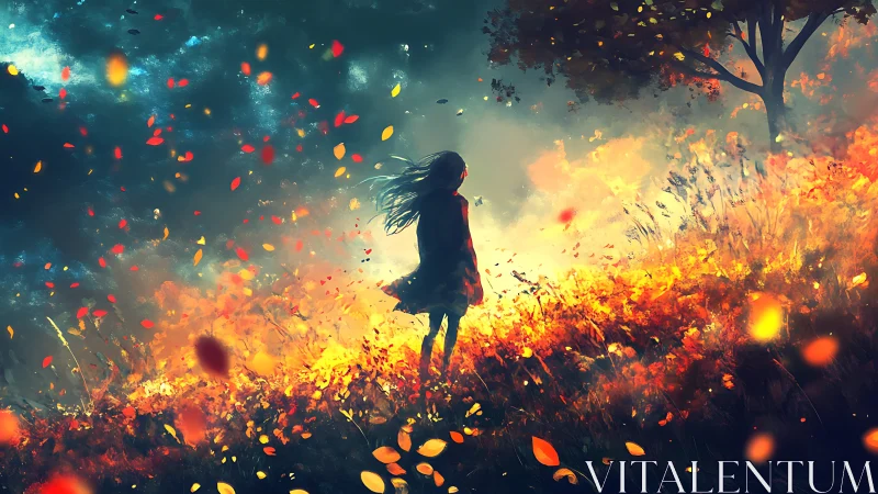 Solitary girl in blazing autumn field under stormy sky.