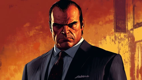 Stoic suited figure stands strong against a blazing backdrop