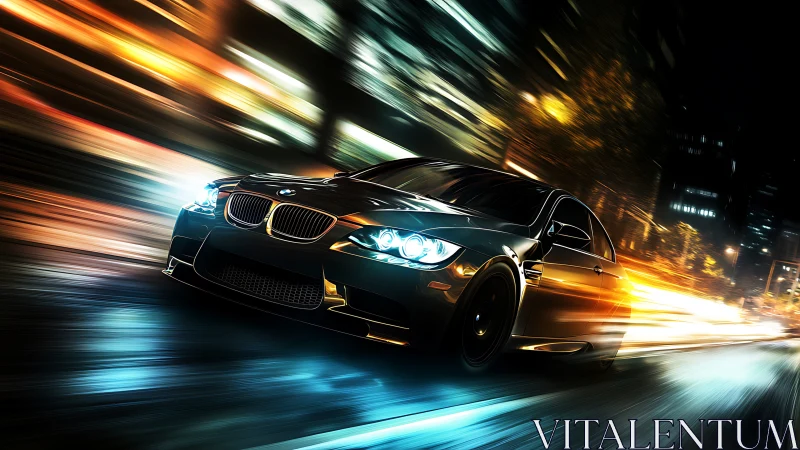 Black sports car racing through blurred neon city streets.