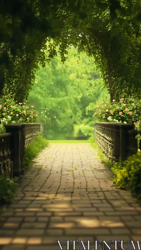Shaded garden bridge under dense green vine archway path.