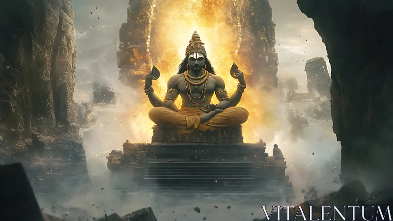 Divine multi-armed deity meditates amid blazing ruins.