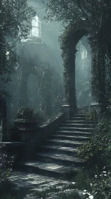 Misty stone staircase ascends through an overgrown ruined archway