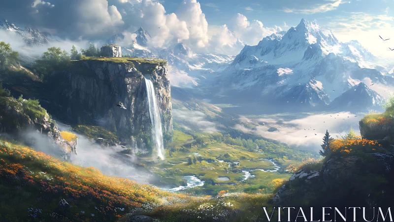 Digital painting of alpine valley waterfall in epic widescreen panorama.