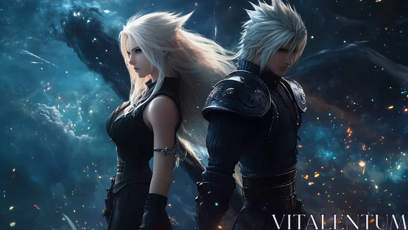 Starlit warriors stand back to back in a cosmic storm