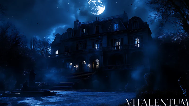 Moonlit Victorian mansion with volumetric fog and high contrast lighting