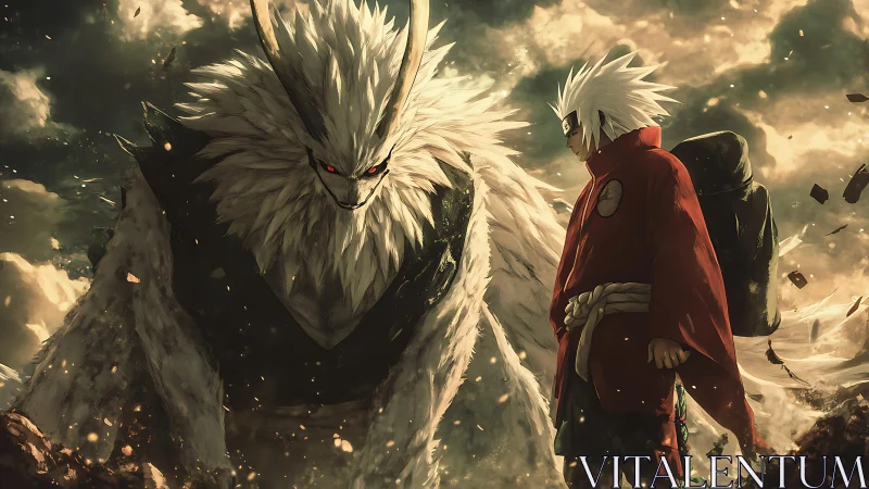 Storm-lit warrior meets towering beast in a charged standoff