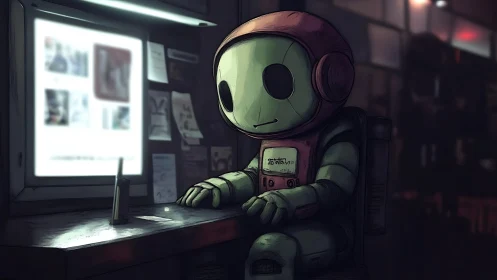 Small seated robot at illuminated workstation in dim room.