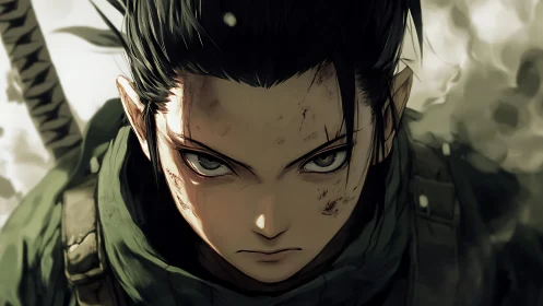 Battle-scarred anime warrior stares forward with fierce resolve