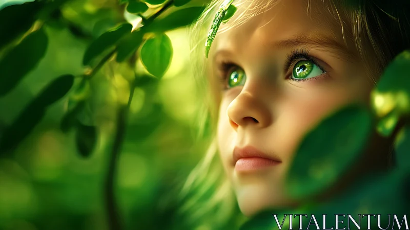 Young figure with luminous green eyes among foliage.