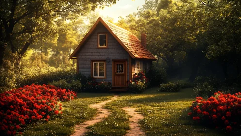 Sunlit forest cottage amid glowing red flower borders.