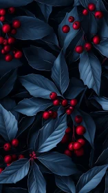 Midnight leaves cradle bright scarlet berries in velvet silence