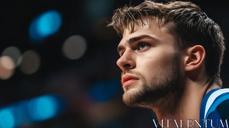 Focused male athlete in close-up arena portrait lighting.