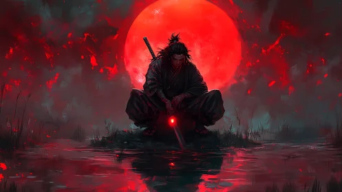 Silent samurai beneath the burning red moonrise.