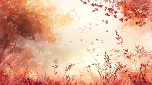 Whispering autumn glade drifting into luminous golden sky.