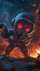 Armored cartoon soldier with visor in fiery battle scene.