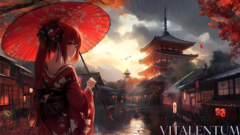 Red umbrella girl in rainy Japanese temple street scene.