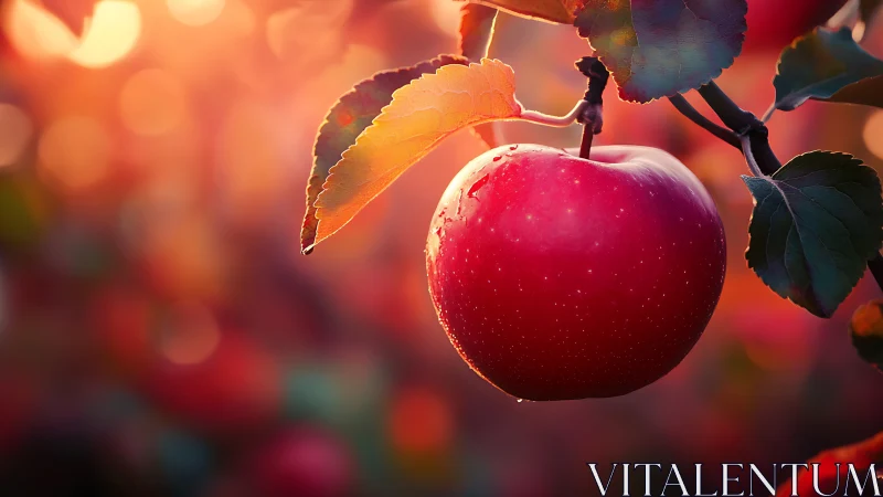 Sunlit red apple rendered with shallow depth and warm bokeh