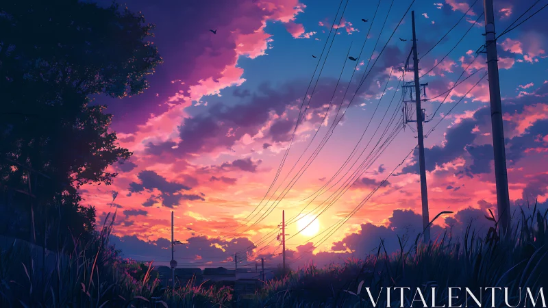 Sunset sky ignites over rural power lines and tall grass.
