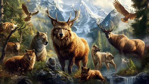 Mountain wildlife group scene with deer, wolves and eagles.