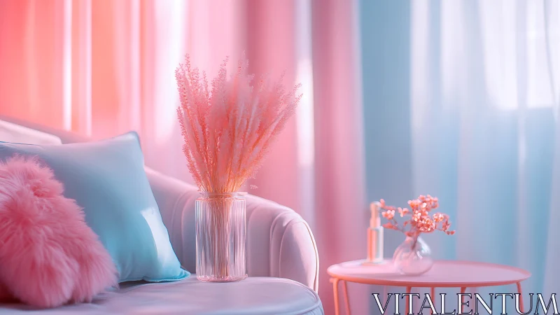 Soft-toned interior scene with sofa, side table, and florals.