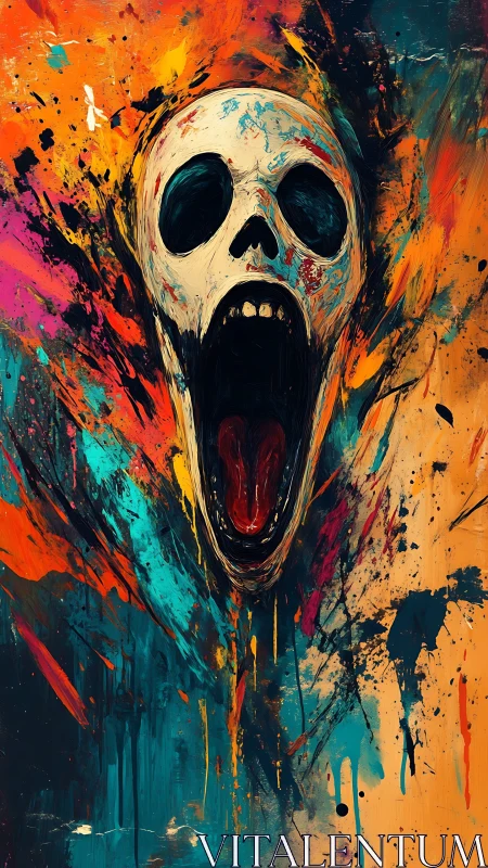 Skull screaming amid chaotic splashes of bold color.