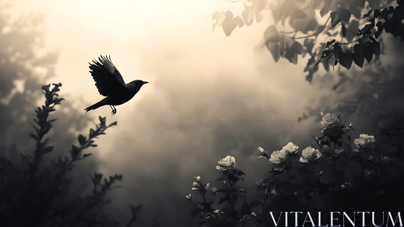 Raven ascends above moonlit roses in misty garden hush.