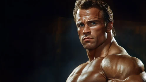 Photorealistic bodybuilder portrait with dramatic rim lighting.