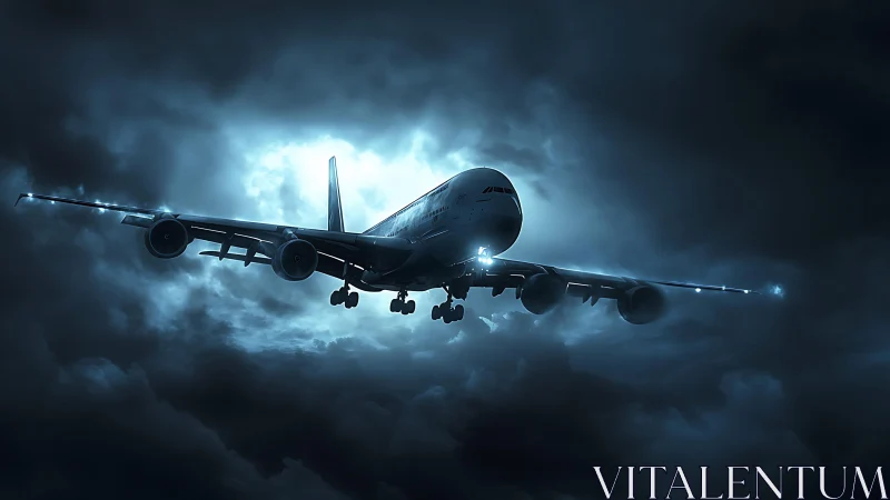 Passenger jet cuts through storm clouds under cold moonlight
