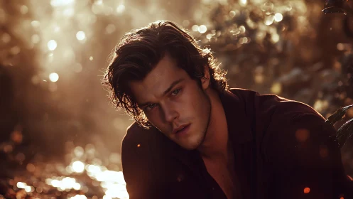 Moody young man in warm backlit outdoor portrait.