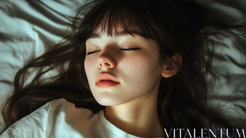 Young woman lies asleep on white bedding in soft light