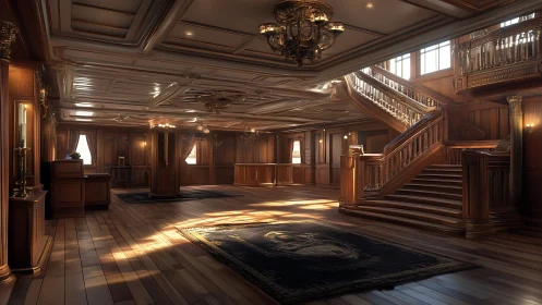 Grand wooden staircase hall with gilded chandeliers, daylight.