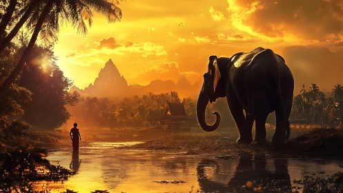 Sunlit elephant and monk crossing golden tropical river.