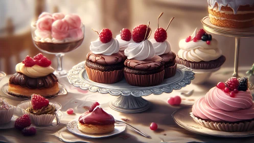 Arrangement of chocolate and fruit-topped confections with decorative plating.