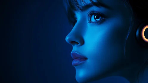 Futuristic female profile in neon blue rim lighting portrait.