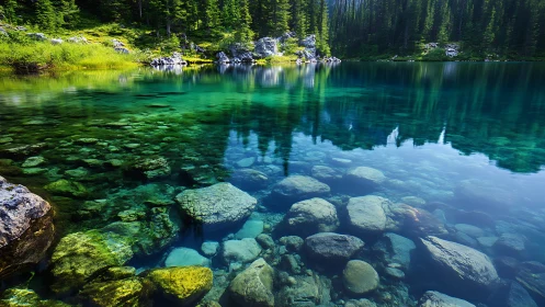 Tranquil mountain lake with crystal clear emerald waters.