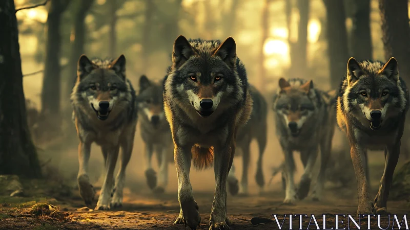 Wolf pack strides through ember-lit forest in silent command.