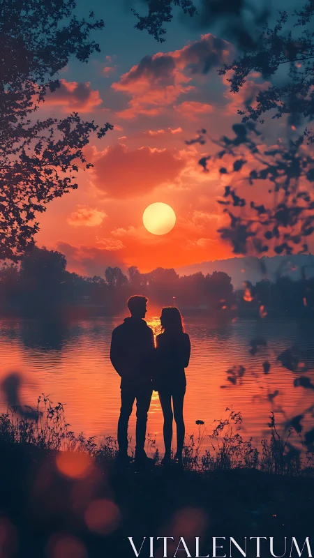 Romantic sunset silhouettes sharing a quiet lakeside moment.