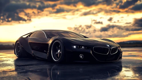 Low-profile black BMW concept car rendered on wet asphalt
