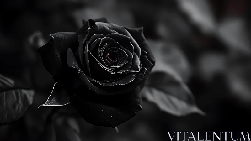 Black rose macro glows through deep monochrome shadows.