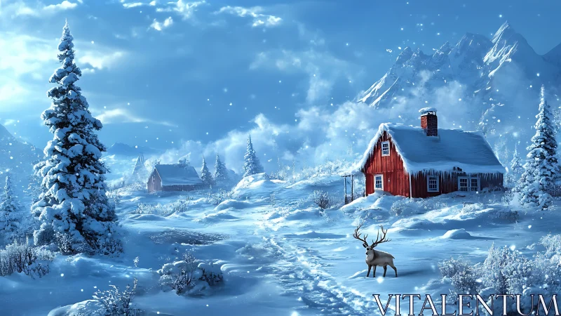 Crimson cabin listens quietly while winter light crowns peaks